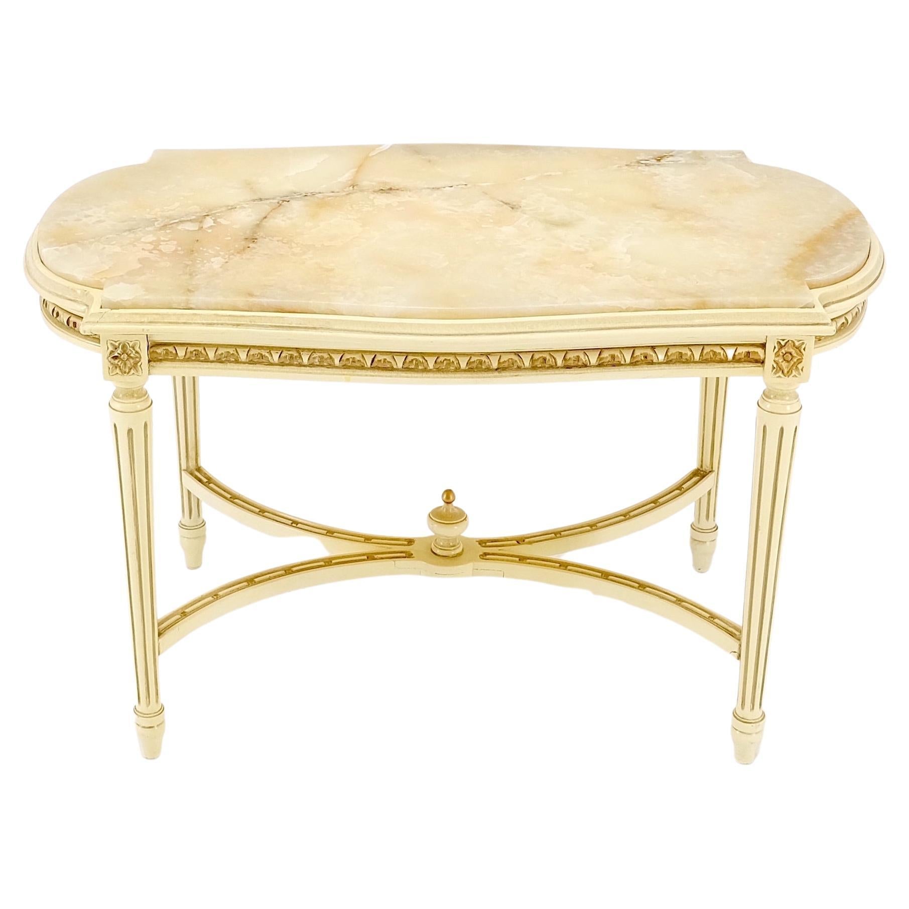 EstablishedLines White Onyx Top Stadium Shape Top Beige Lacquer Carved Stretcher Base Side Table