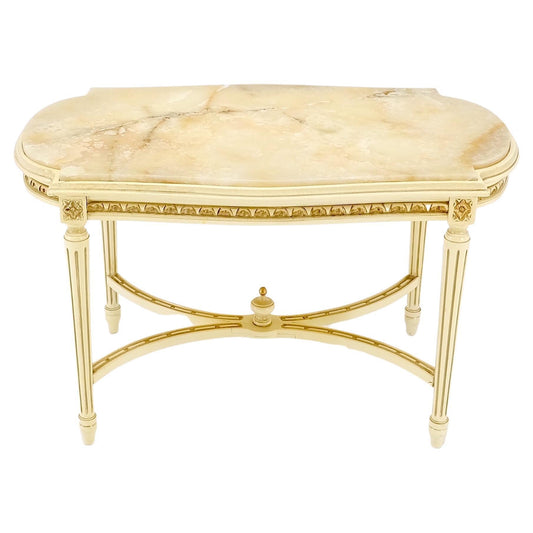 EstablishedLines White Onyx Top Stadium Shape Top Beige Lacquer Carved Stretcher Base Side Table