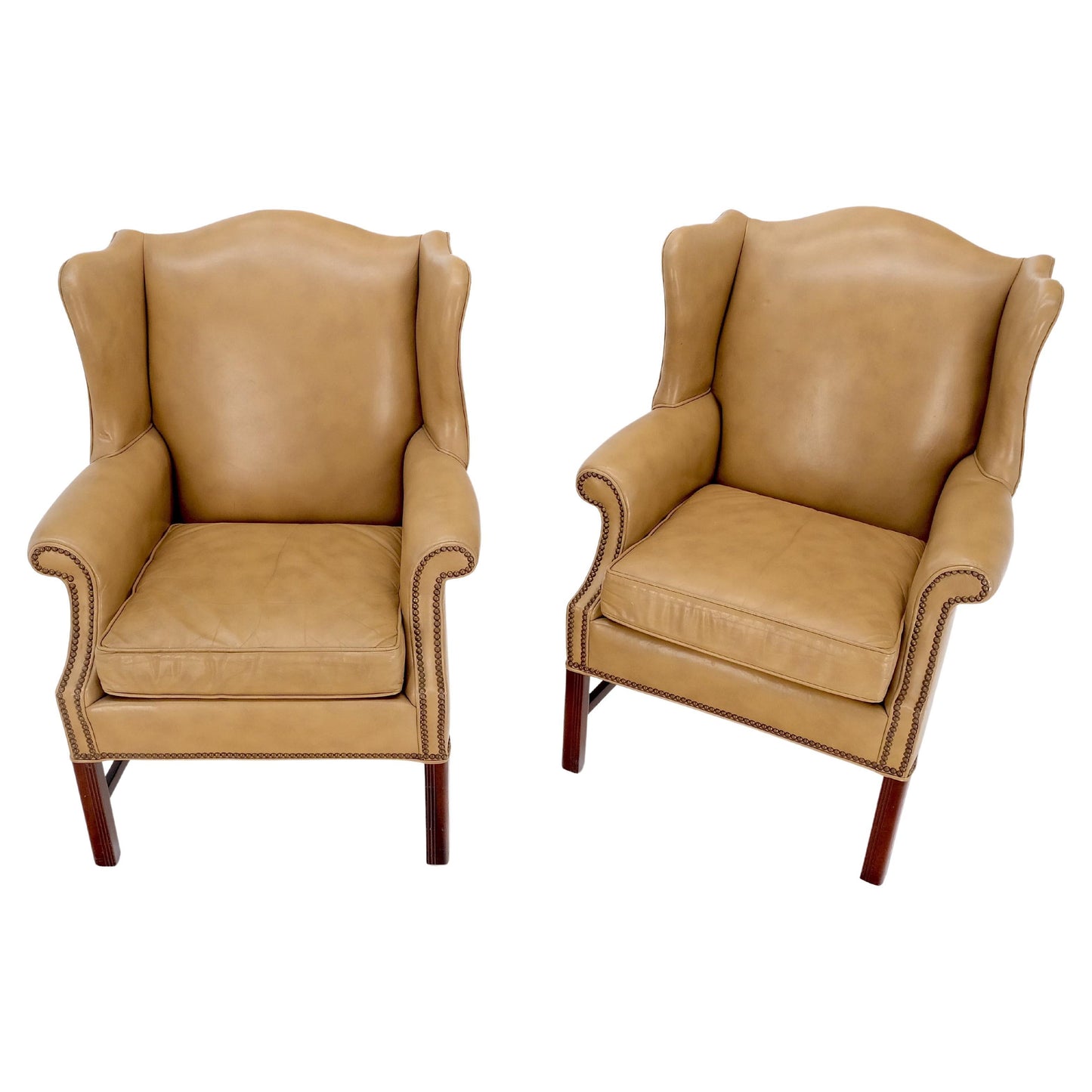 EstablishedLines Pair of Tall Tan Leather Wing Chairs on Solid Mahogany Stretcher Base Mint!