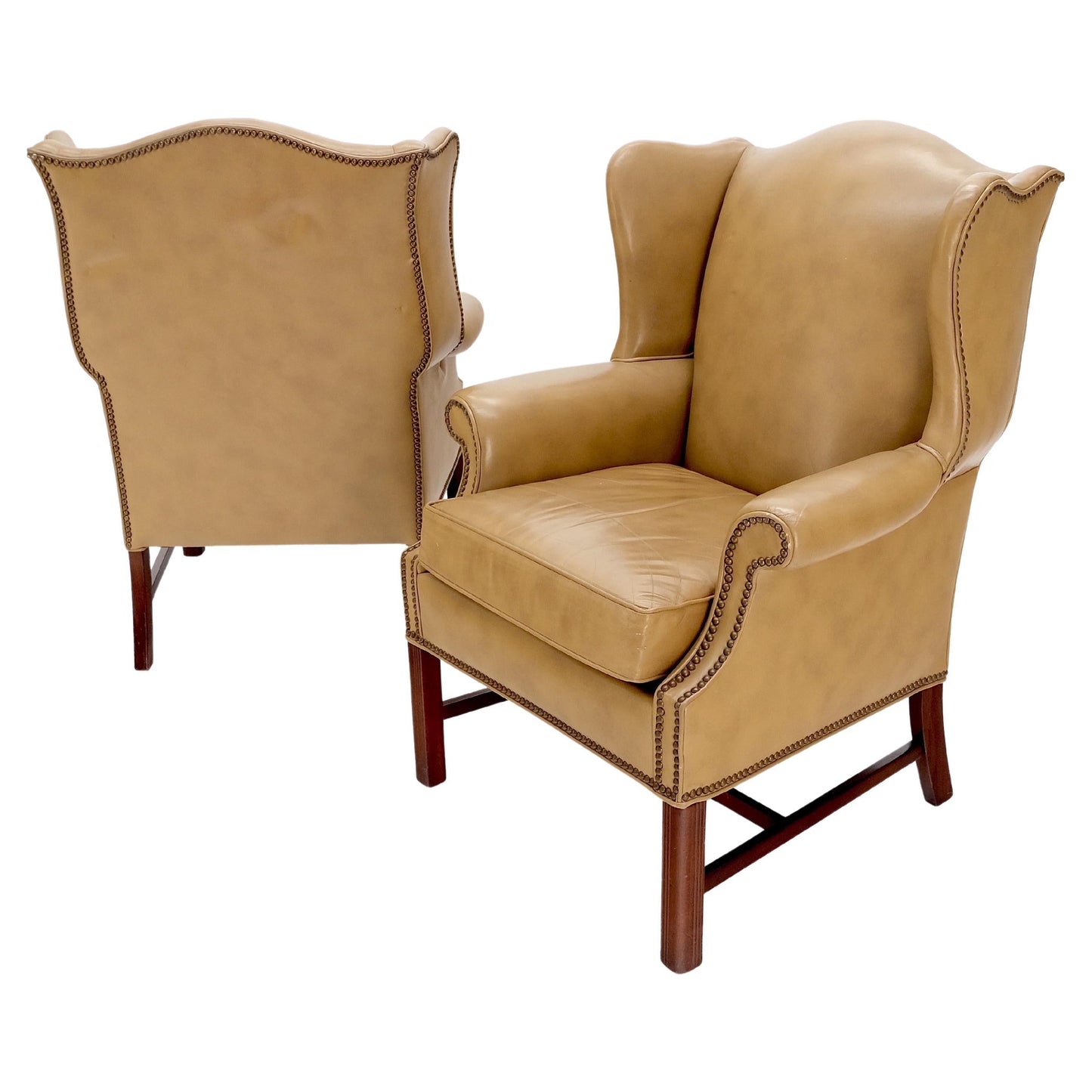 EstablishedLines Pair of Tall Tan Leather Wing Chairs on Solid Mahogany Stretcher Base Mint!