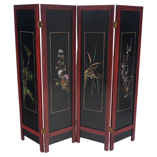 EstablishedLines Lacquered Wood Mother of Pearl Chinese Oriental 4 Panel Room Divider Screen