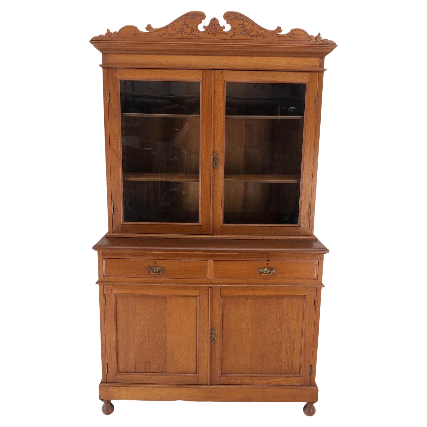 EstablishedLines All Solid Teak Asian 1940s Carved Two Part Cupboard Hutch Breakfront Mint!