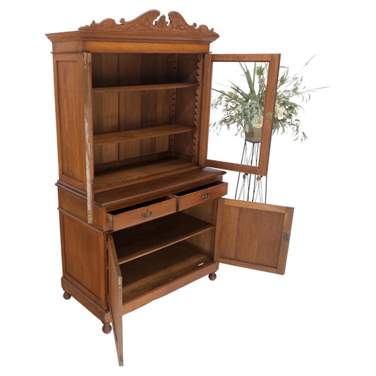 EstablishedLines All Solid Teak Asian 1940s Carved Two Part Cupboard Hutch Breakfront Mint!