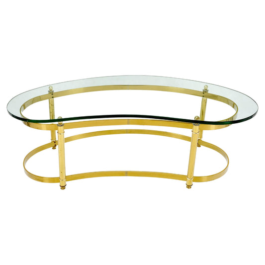 EstablishedLines Thick Glass Kidney Shape Brass Base Mid-Century Modern Coffee Table