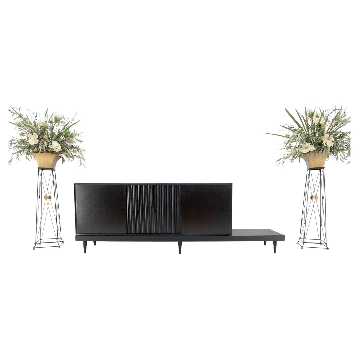 EstablishedLines Black Lacquer Ebonized Tambour Doors Credenza Dresser on Platform Brass Base