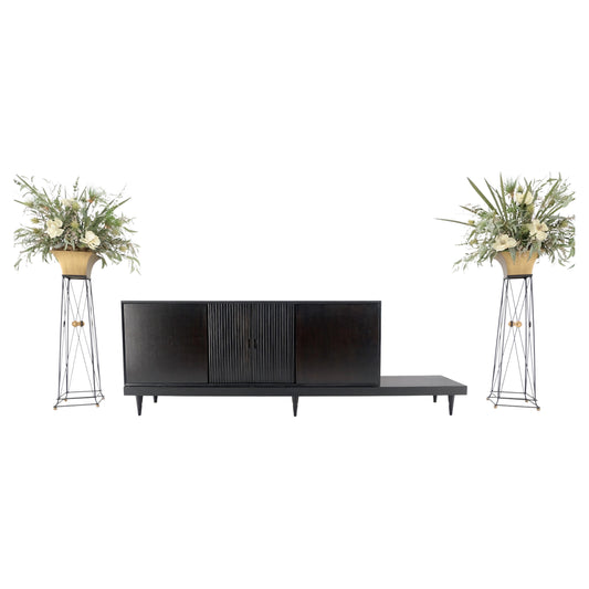 EstablishedLines Black Lacquer Ebonized Tambour Doors Credenza Dresser on Platform Brass Base