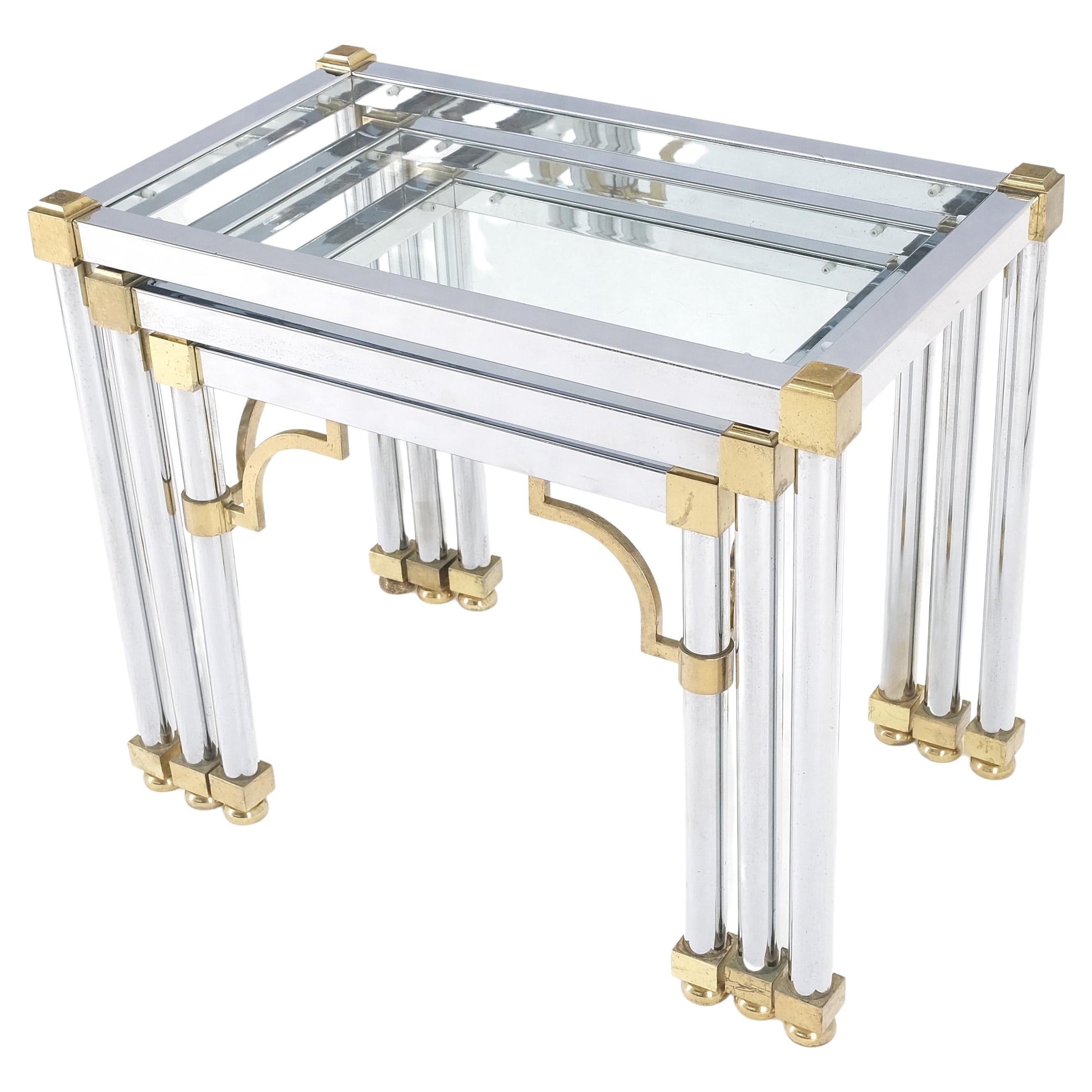 EstablishedLines Set of 3 Chrome & Brass Glass Tops End Nesting Side Lamp Tables MINT