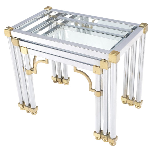 EstablishedLines Set of 3 Chrome & Brass Glass Tops End Nesting Side Lamp Tables MINT