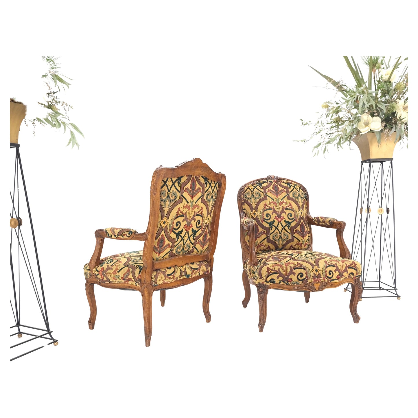 EstablishedLines Pair of His & Hers Finely Carved Walnut Country French Lounge Armchairs Tapestry