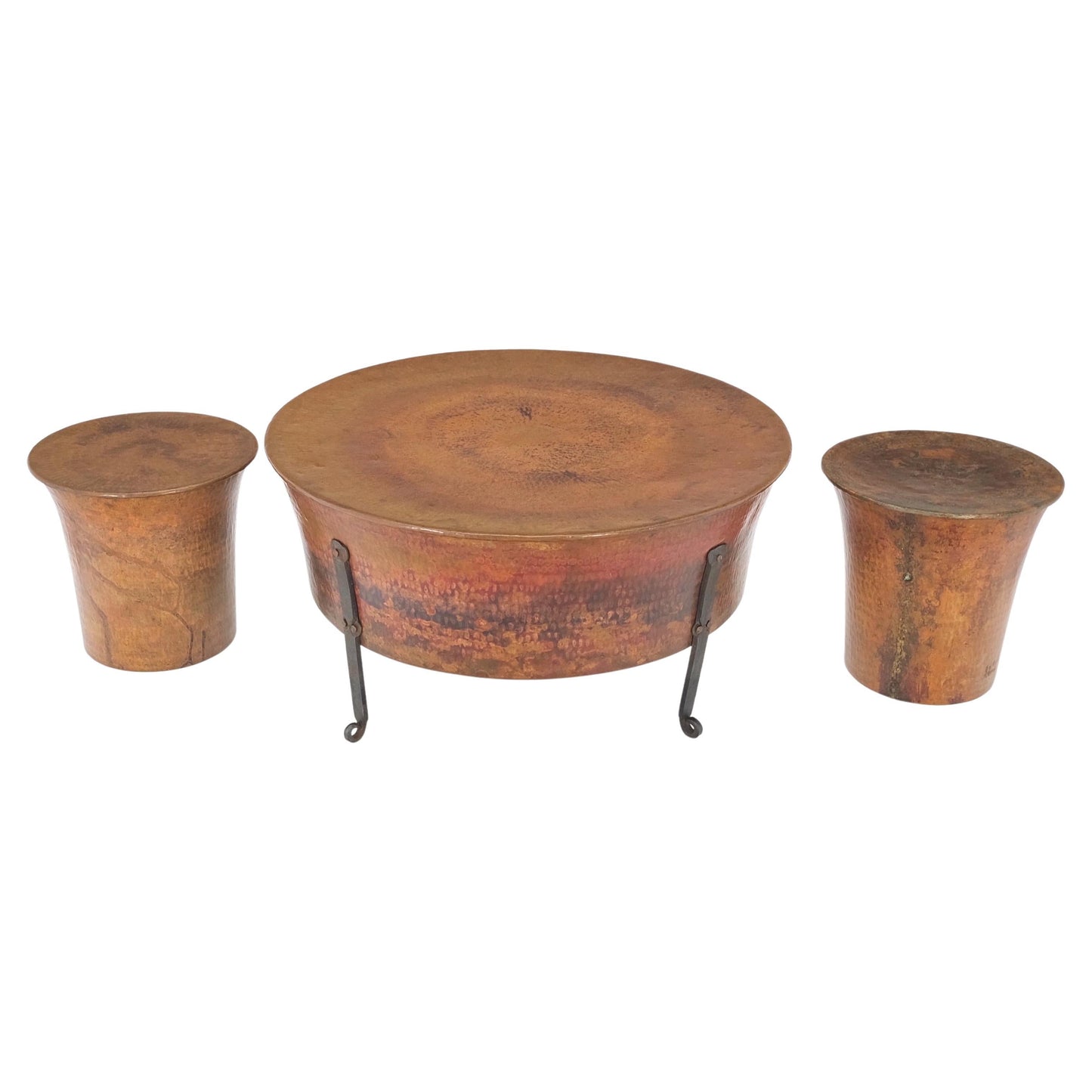 EstablishedLines Vintage Hummered Forged Copper & Iron Round Coffee Table & Pair of Stools Seats