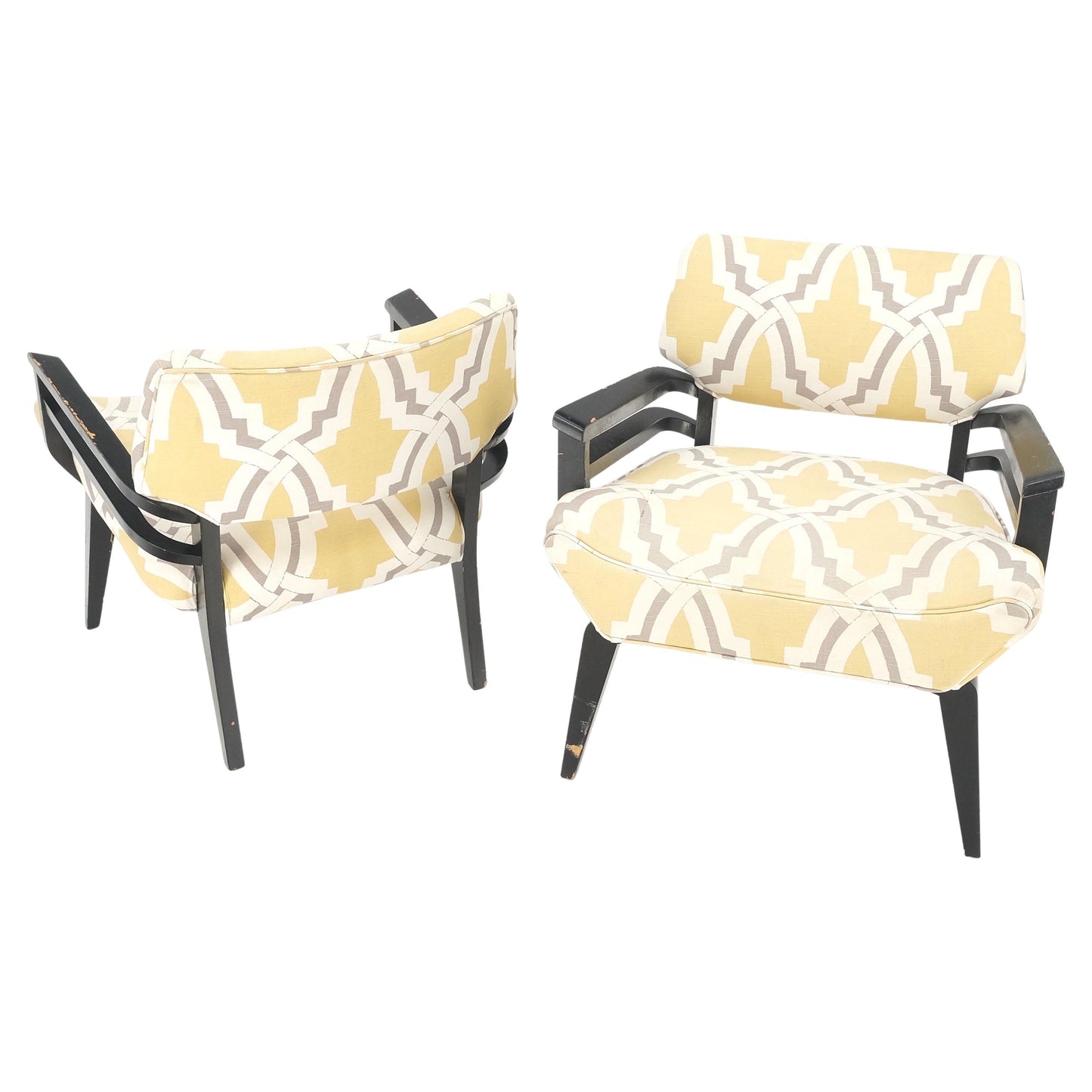 EstablishedLines Pair of Mid-Century Modern Black Lacquer Abstract Fabric Lounge Chairs AS IS