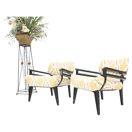EstablishedLines Pair of Mid-Century Modern Black Lacquer Abstract Fabric Lounge Chairs AS IS