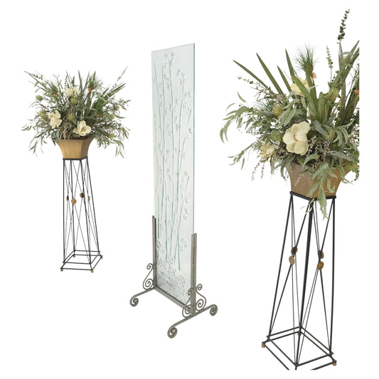 EstablishedLines Decorative Floral Scene Theme Molded Glass Panel w/ Wrought Iron Stand Base MINT