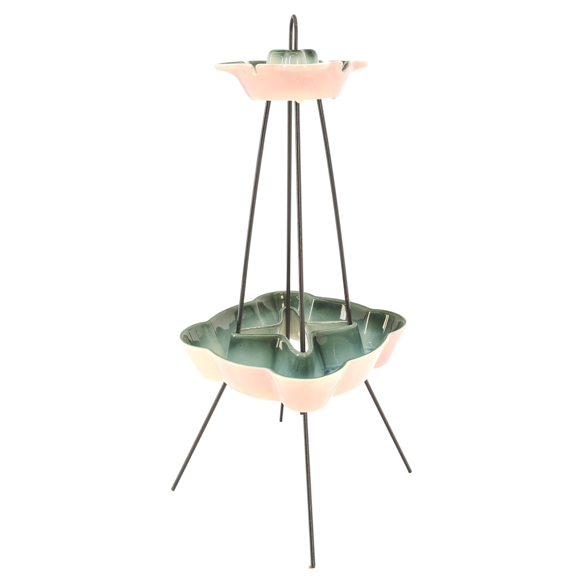 EstablishedLines c.1950's Ceramic Pottery & Wire Base Floor Standing 2 Tier Ashtray