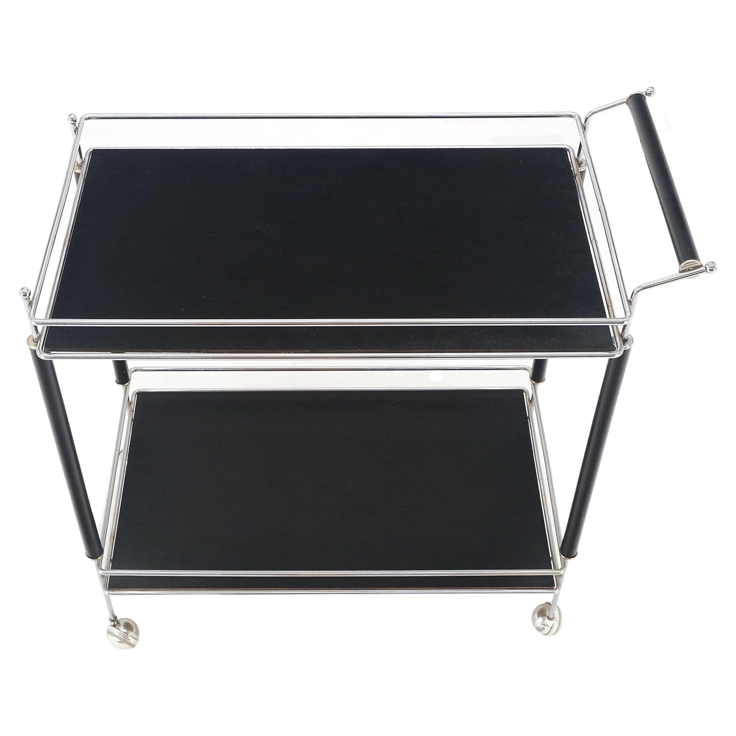 EstablishedLines Black Lacquer & Chrome Bauhaus Two Tier Serving Cart on Wheels c.1940s MINT