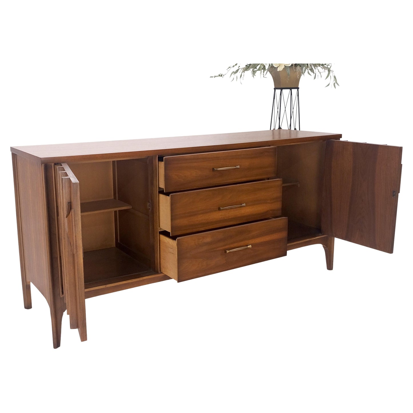 EstablishedLines Danish Mid Century Modern Walnut 3 Drawer 2 Sculptural Doors Dresser