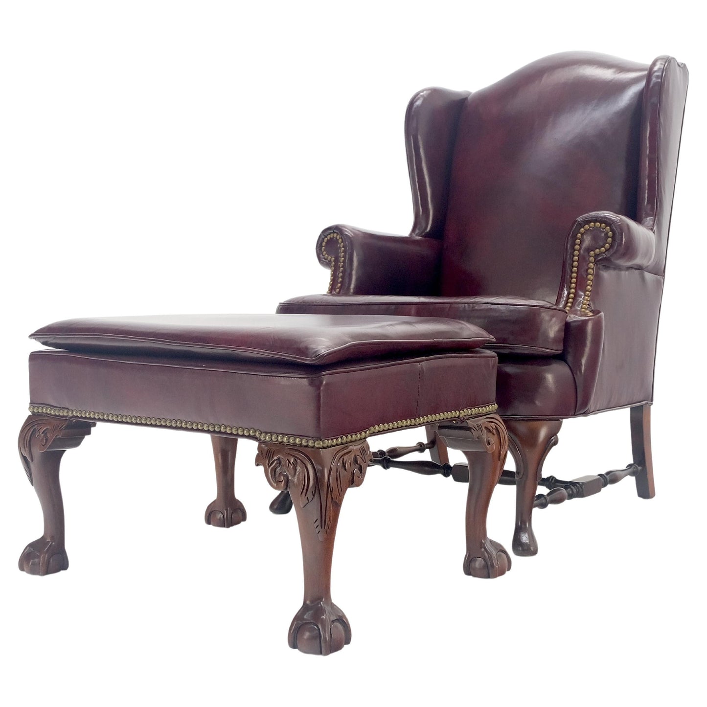EstablishedLines Kindel Burgundy Leather Upholstery Carved Mahogany Legs Wingback Chair & Ottoman