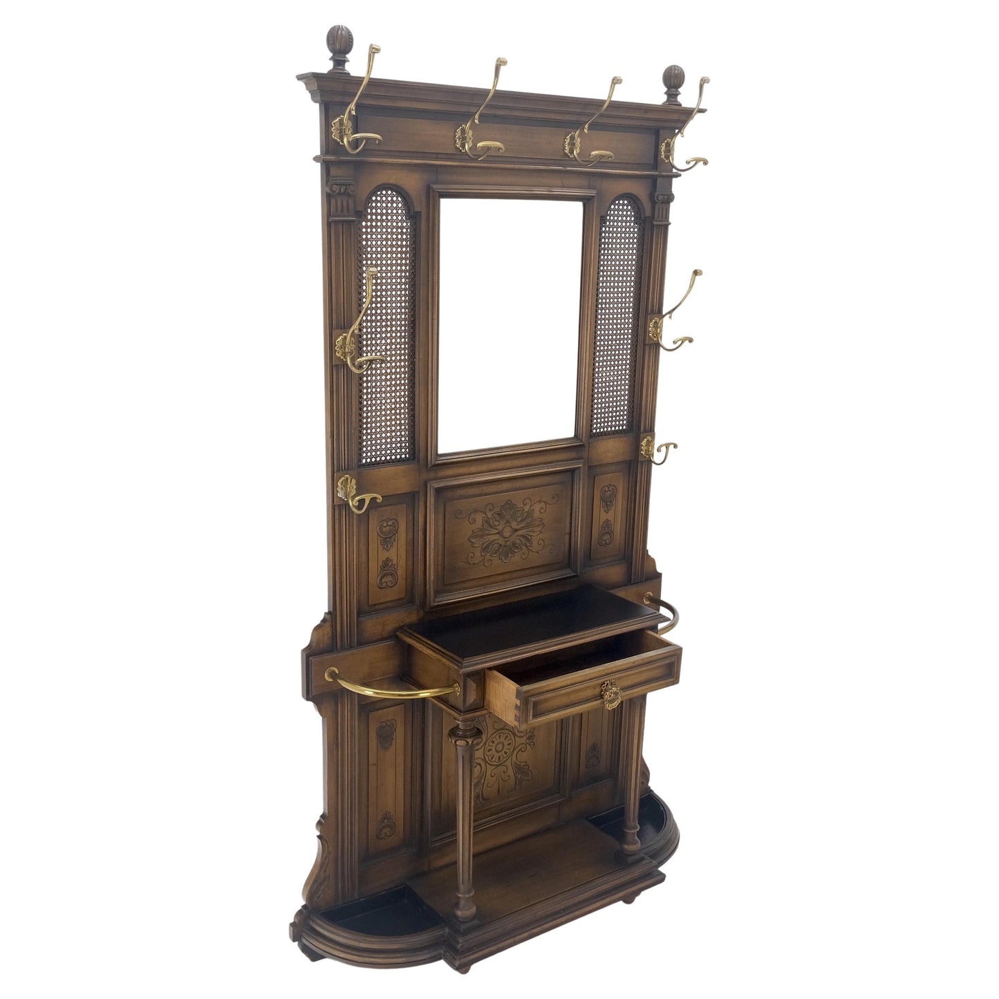 EstablishedLines Carved Walnut Brass Cane Mirror Brass Hooks Coat Rack Umbrella Stand Console