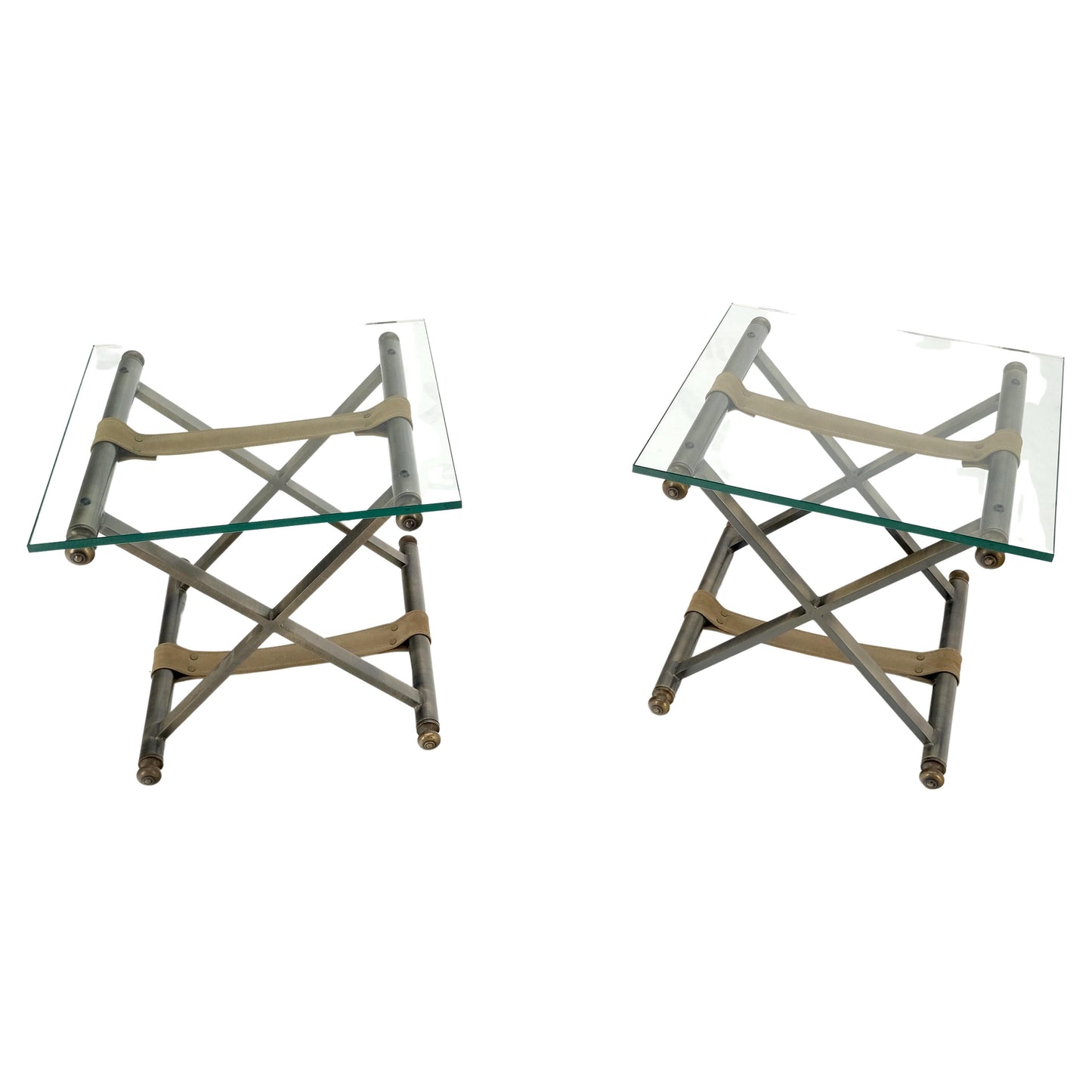 EstablishedLines Pair of Glass Top X Bases Smoked Chrome End Side Bed Tables Stands DIA MINT!
