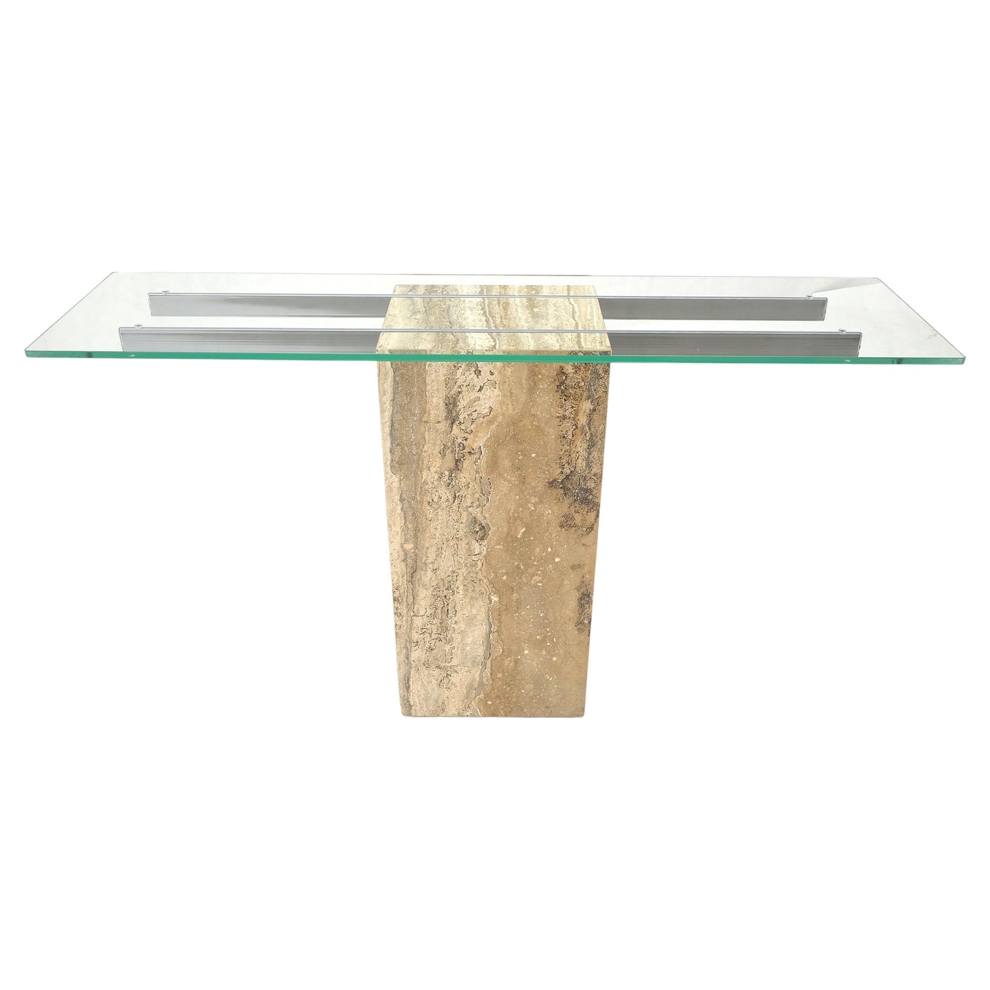 EstablishedLines Single Travertine Pedestal Glass Top Italian Modern Sofa Console Table MINT!