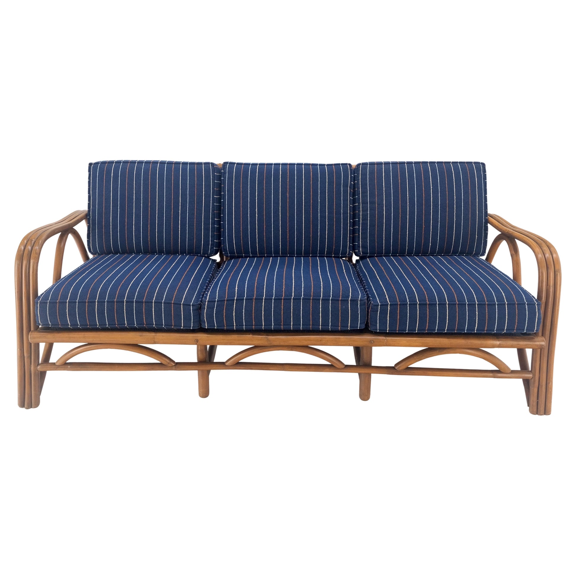 EstablishedLines 1970s Striped Blue Upholstery Bamboo Frame Mid Century Modern Sofa MINT!