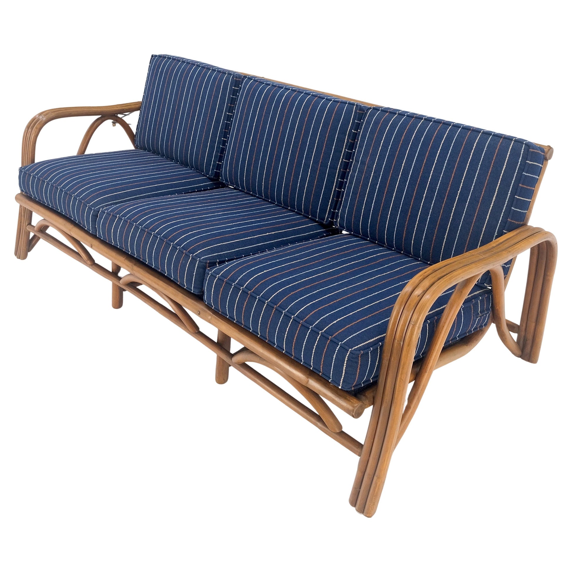 EstablishedLines 1970s Striped Blue Upholstery Bamboo Frame Mid Century Modern Sofa MINT!