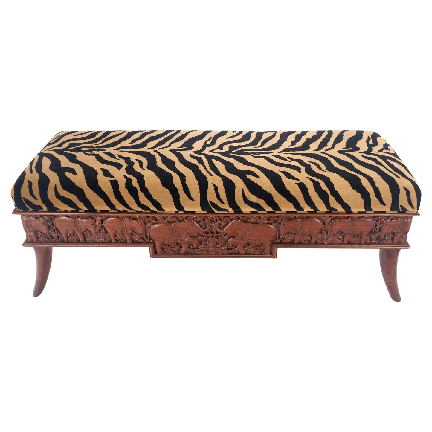 EstablishedLines Heavy Solid Carved Elephants Teak Base Tiger Upholstery Horn Leg Bench MINT!
