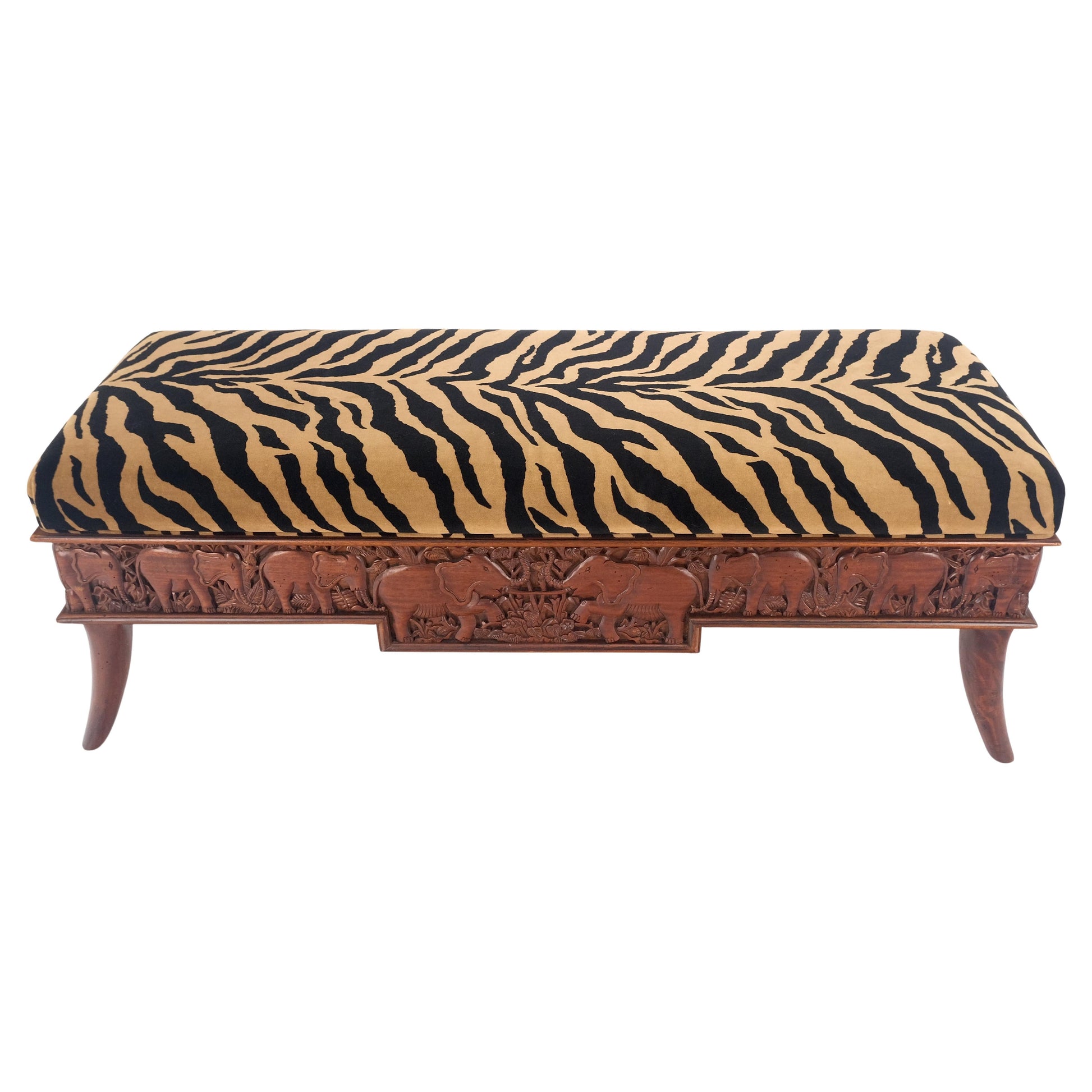 EstablishedLines Heavy Solid Carved Elephants Teak Base Tiger Upholstery Horn Leg Bench MINT!