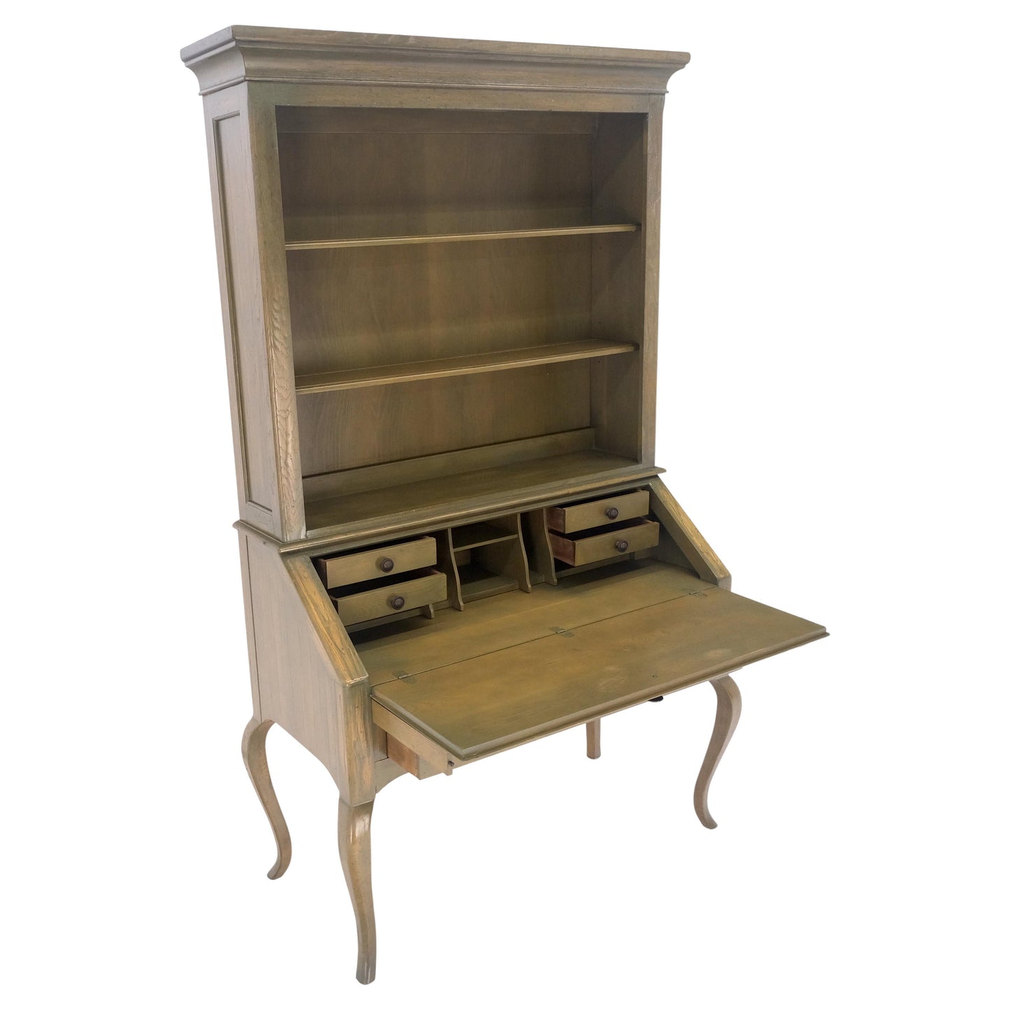 EstablishedLines Henredon Solid Oak Olive Finish Wide Open Bookcase Secretary Desk Country French