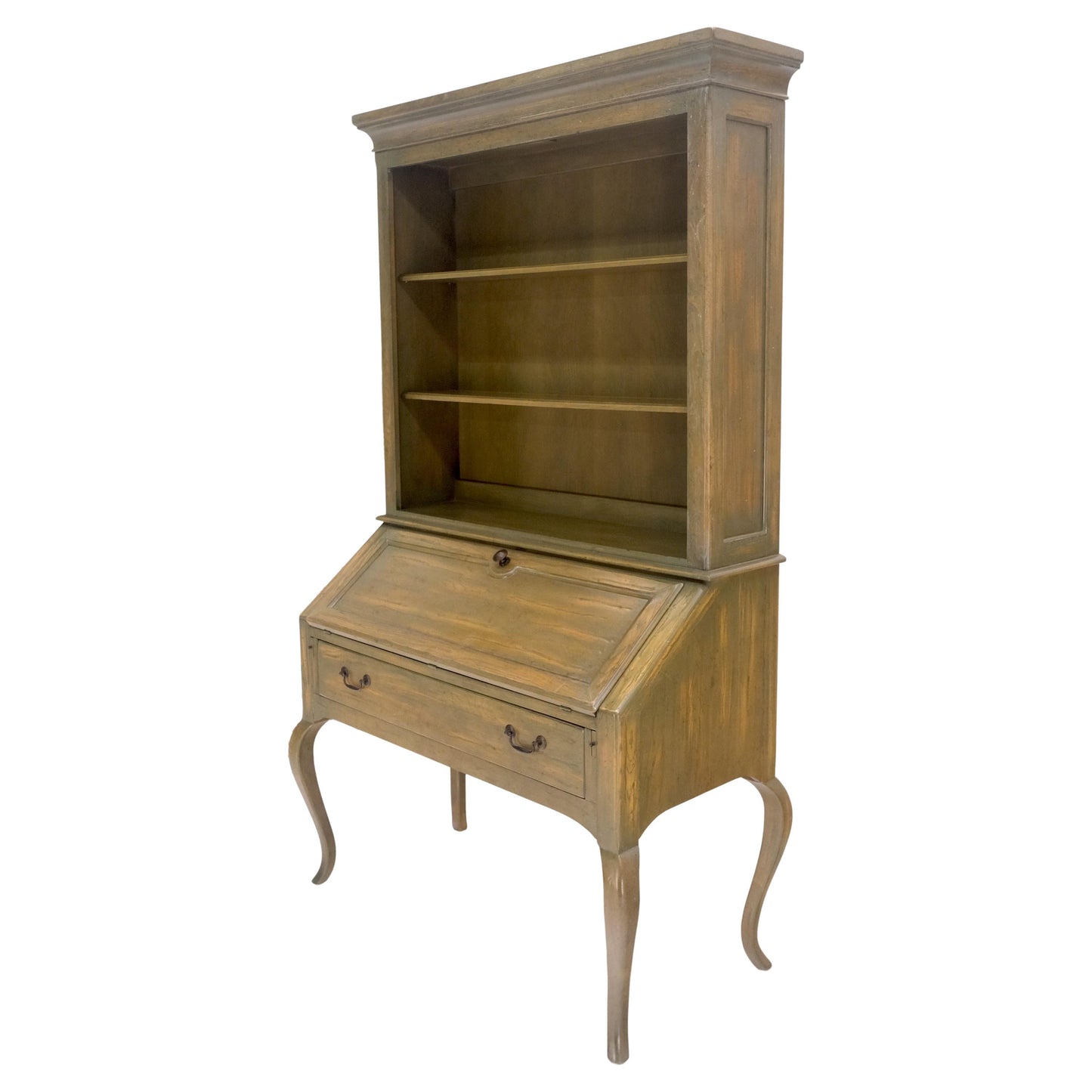 EstablishedLines Henredon Solid Oak Olive Finish Wide Open Bookcase Secretary Desk Country French