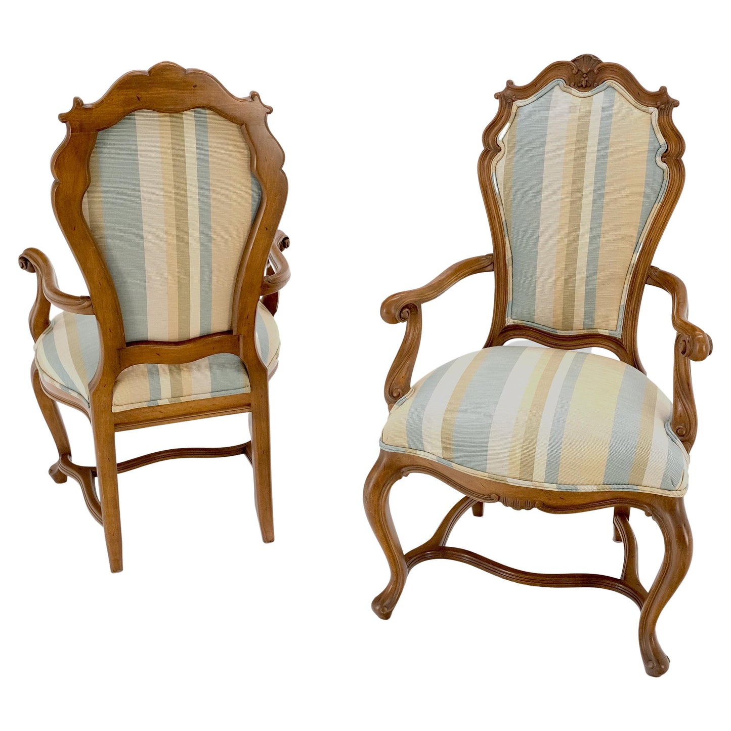 EstablishedLines Pair Carved Striped Upholstery Tall Backs Carved Walnut Scallop Design Decorated