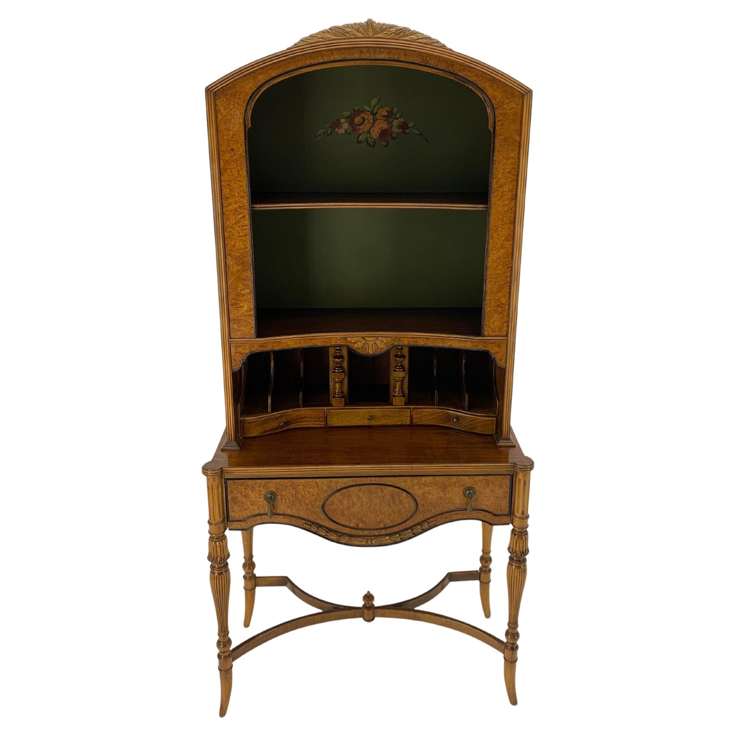 EstablishedLines Berkey & Gay Painted Decorated Petit Secretary Display Cabinet with Shelves Burl