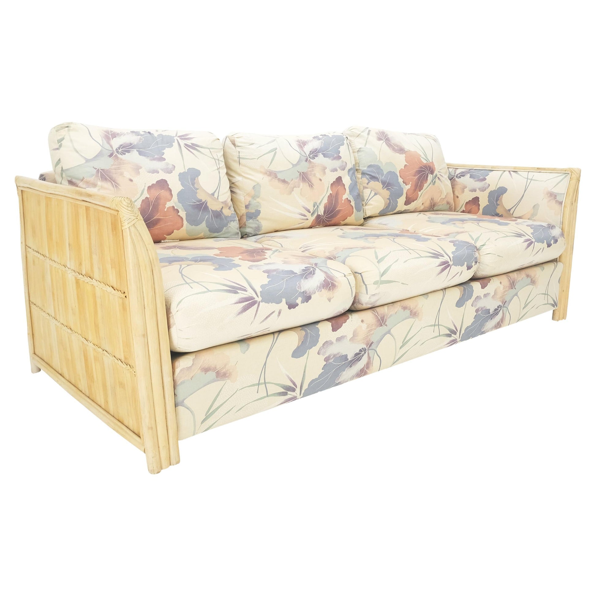 EstablishedLines Mid Century Three Seater Bamboo Frame Flowered Upholstery Sofa Couch