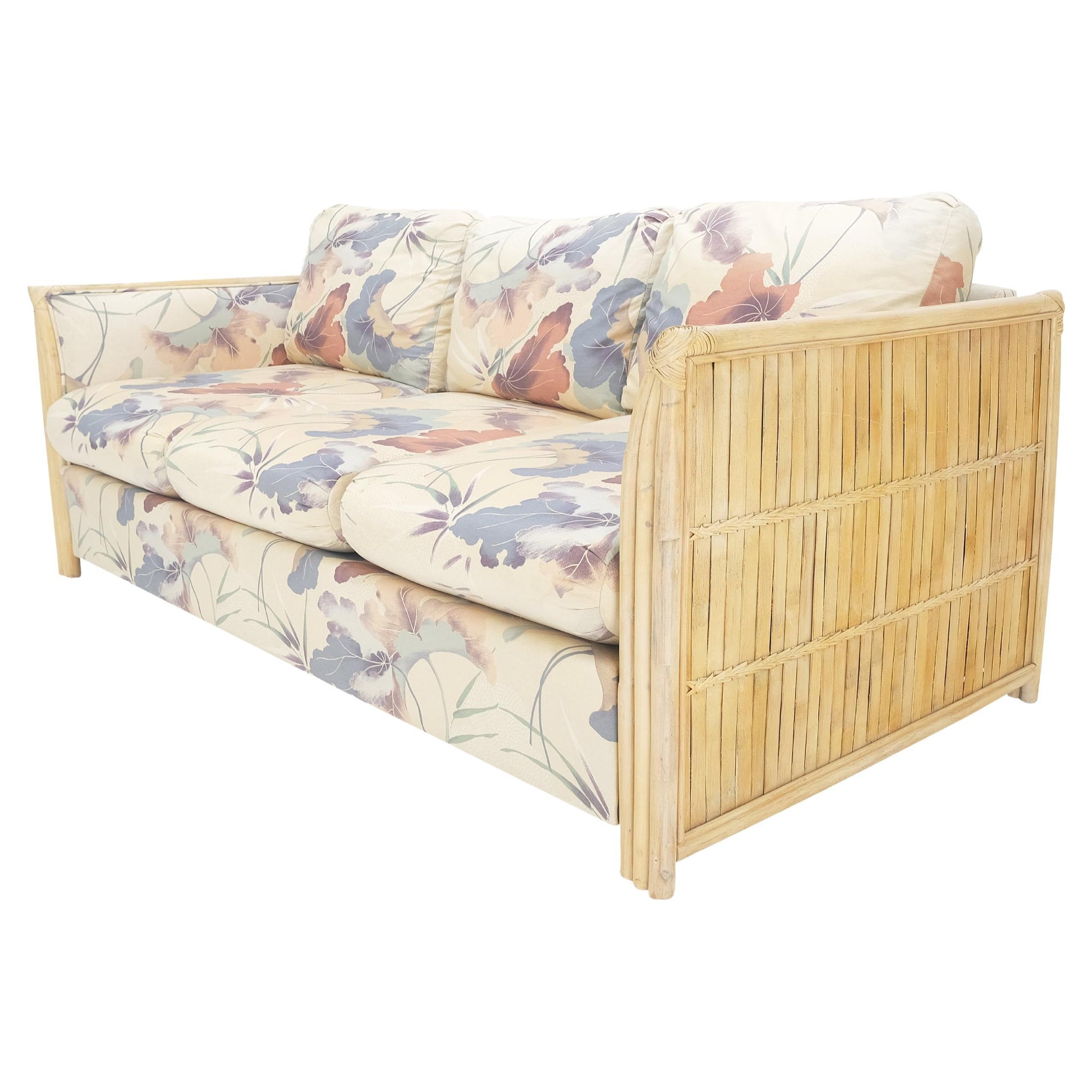 EstablishedLines Mid Century Three Seater Bamboo Frame Flowered Upholstery Sofa Couch