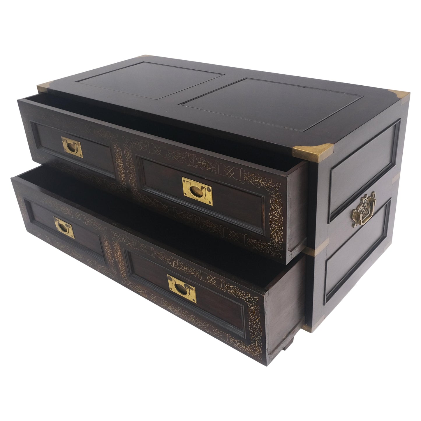 EstablishedLines Campaign Style Ebonized Mahogany Brass Inlay Two Drawers Small Dresser Chest