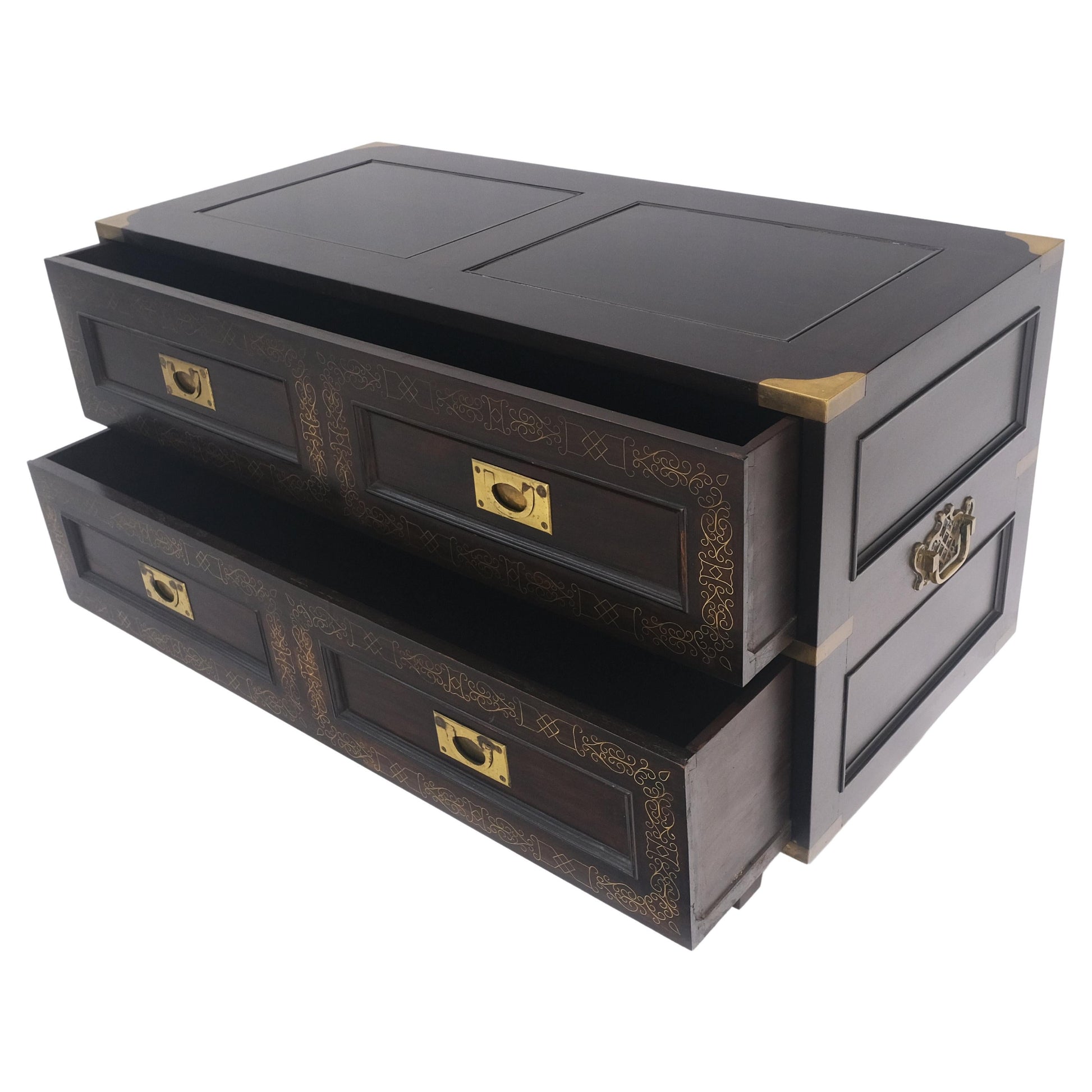 EstablishedLines Campaign Style Ebonized Mahogany Brass Inlay Two Drawers Small Dresser Chest