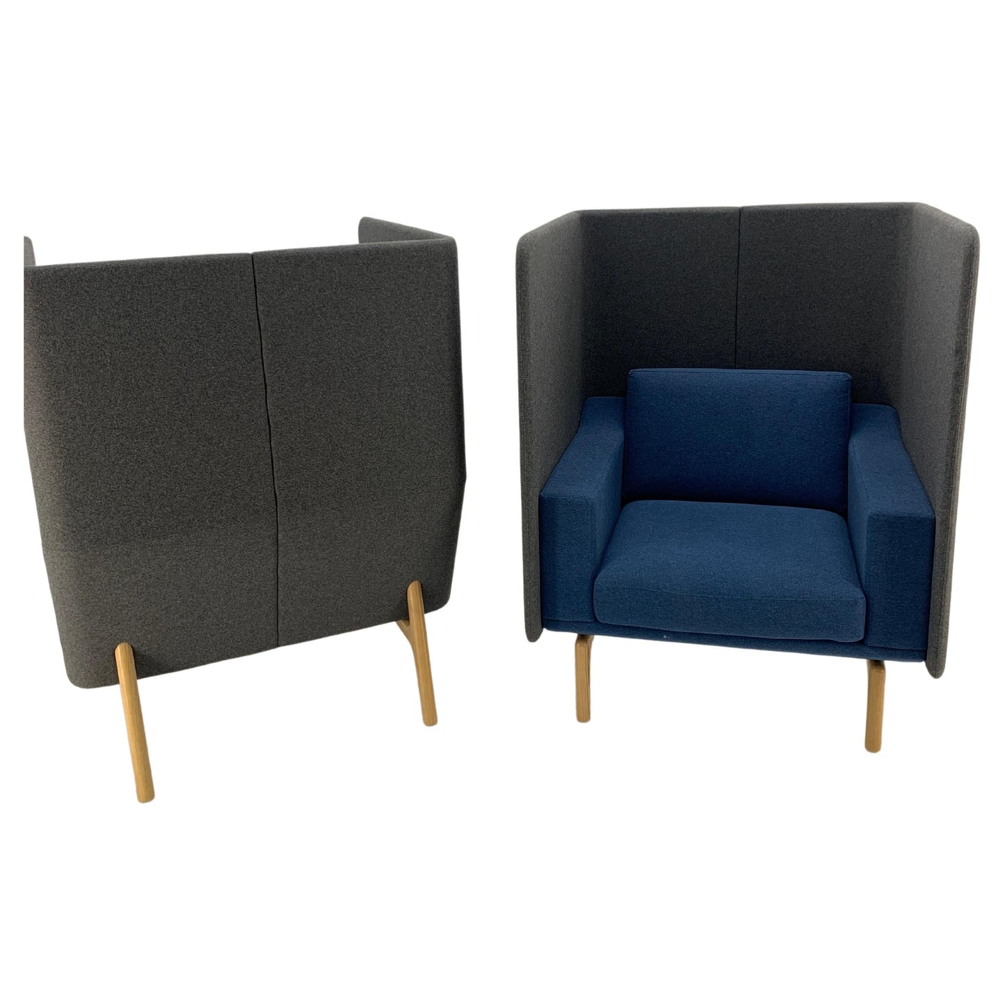 EstablishedLines Pair Mid Century Modern Wingback Lounge Chairs Blue Grey Wool Upholstery MINT!
