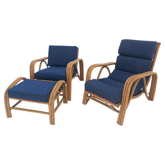 EstablishedLines Pair of His & Hers Rattan Bamboo Mid Century Modern Lounge Chairs Ottoman MINT!
