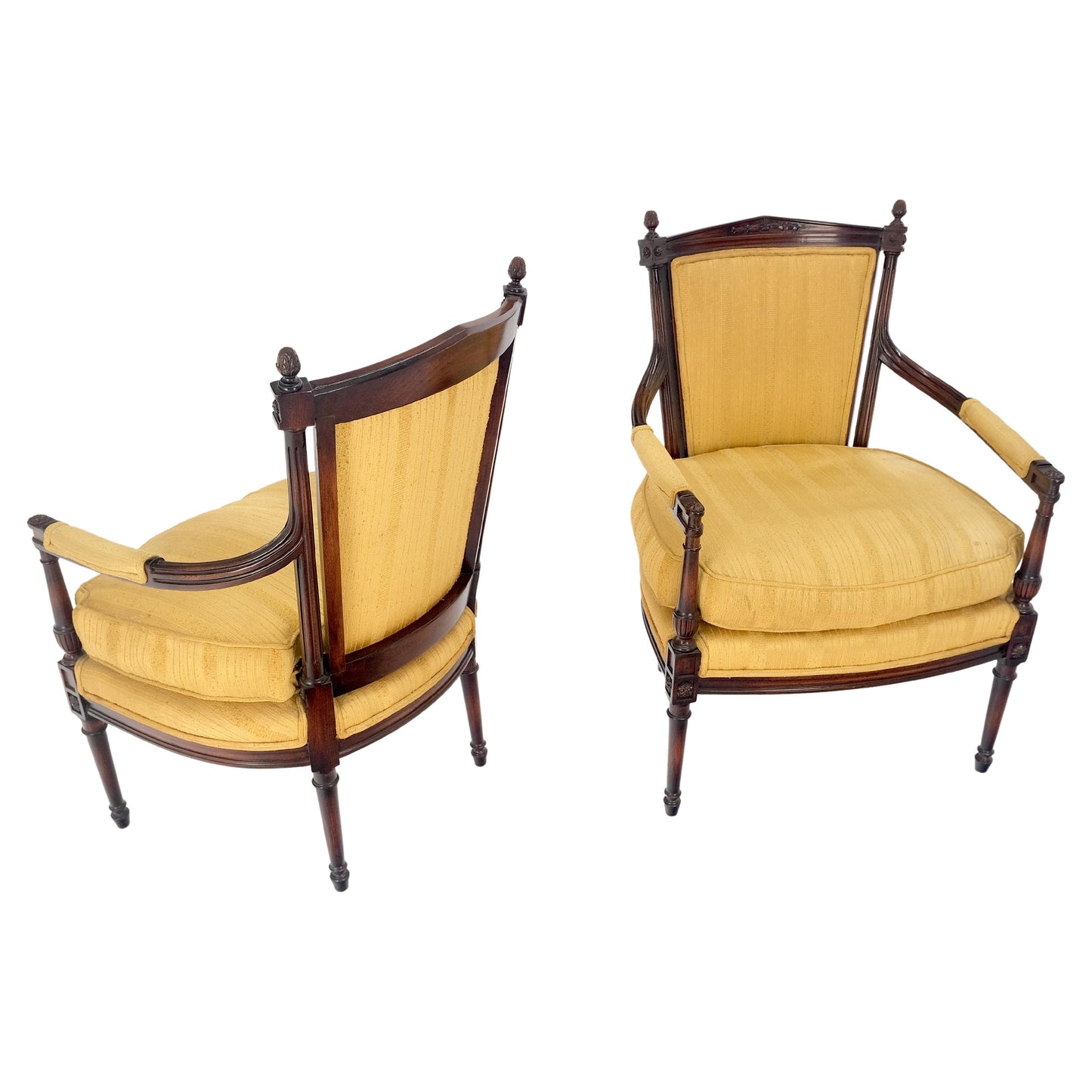 EstablishedLines Pair Gold Silk Upholstery Fine Carved Acorn Finials Lounge Fireside Chairs MINT!