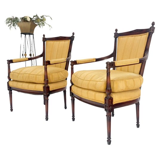 EstablishedLines Pair Gold Silk Upholstery Fine Carved Acorn Finials Lounge Fireside Chairs MINT!