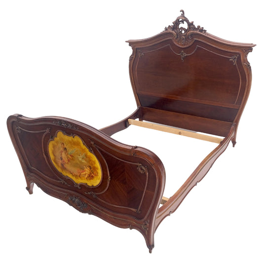 EstablishedLines Hand Paint Decorated Plaque Carved Walnut Queen Size French Bed Headboard Rails