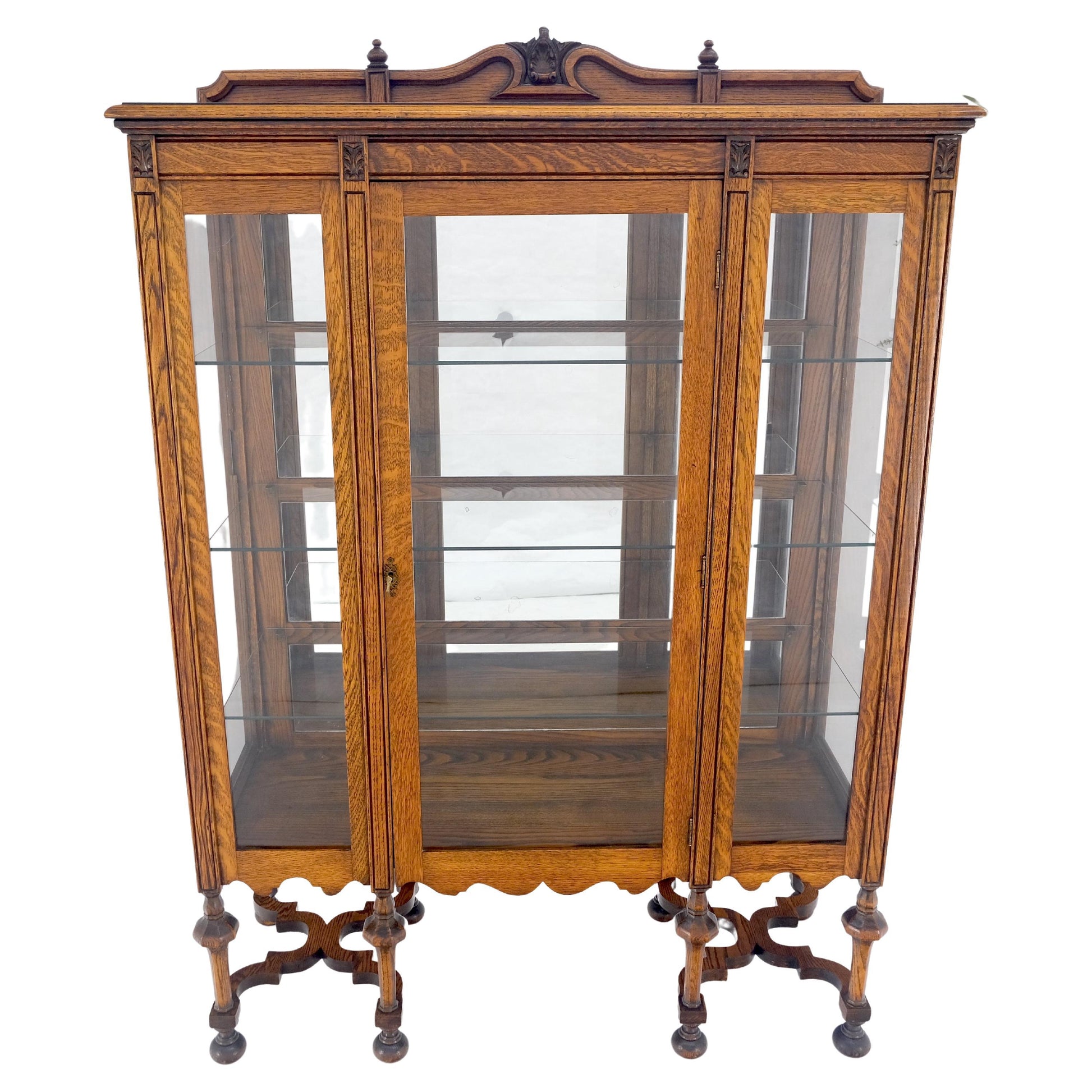 EstablishedLines Light Oak Ball Feet Glass Doors Shelves China Curio Display Cabinet Brass Key