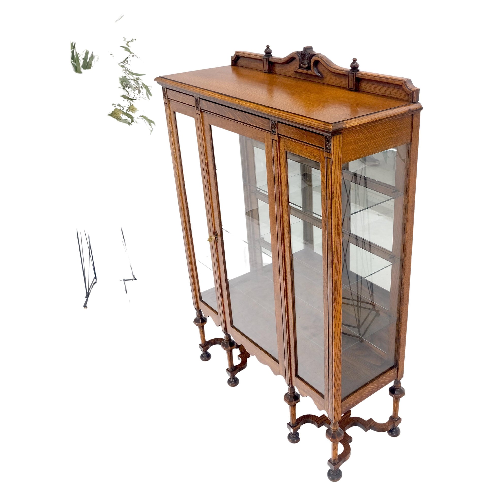 EstablishedLines Light Oak Ball Feet Glass Doors Shelves China Curio Display Cabinet Brass Key