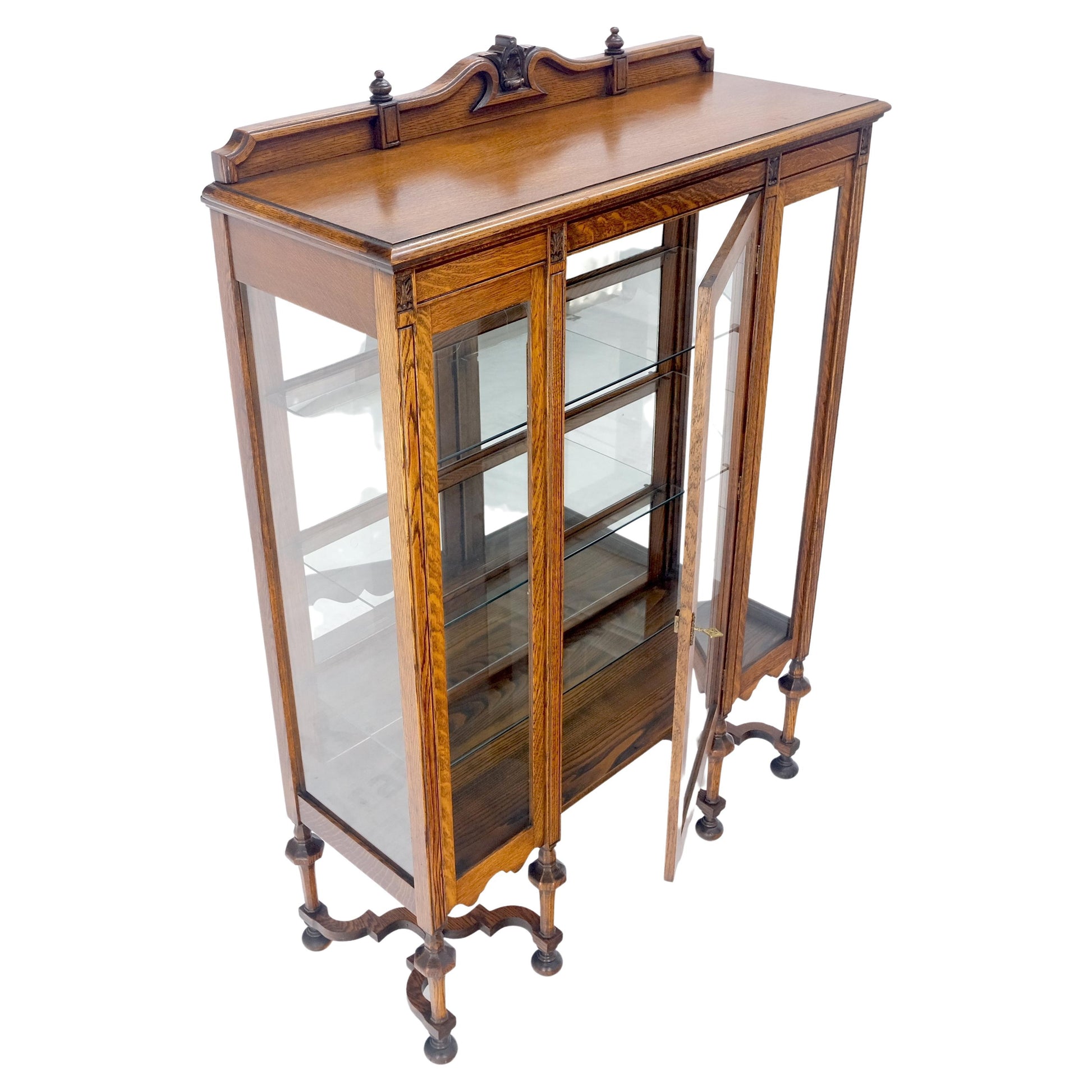 EstablishedLines Light Oak Ball Feet Glass Doors Shelves China Curio Display Cabinet Brass Key