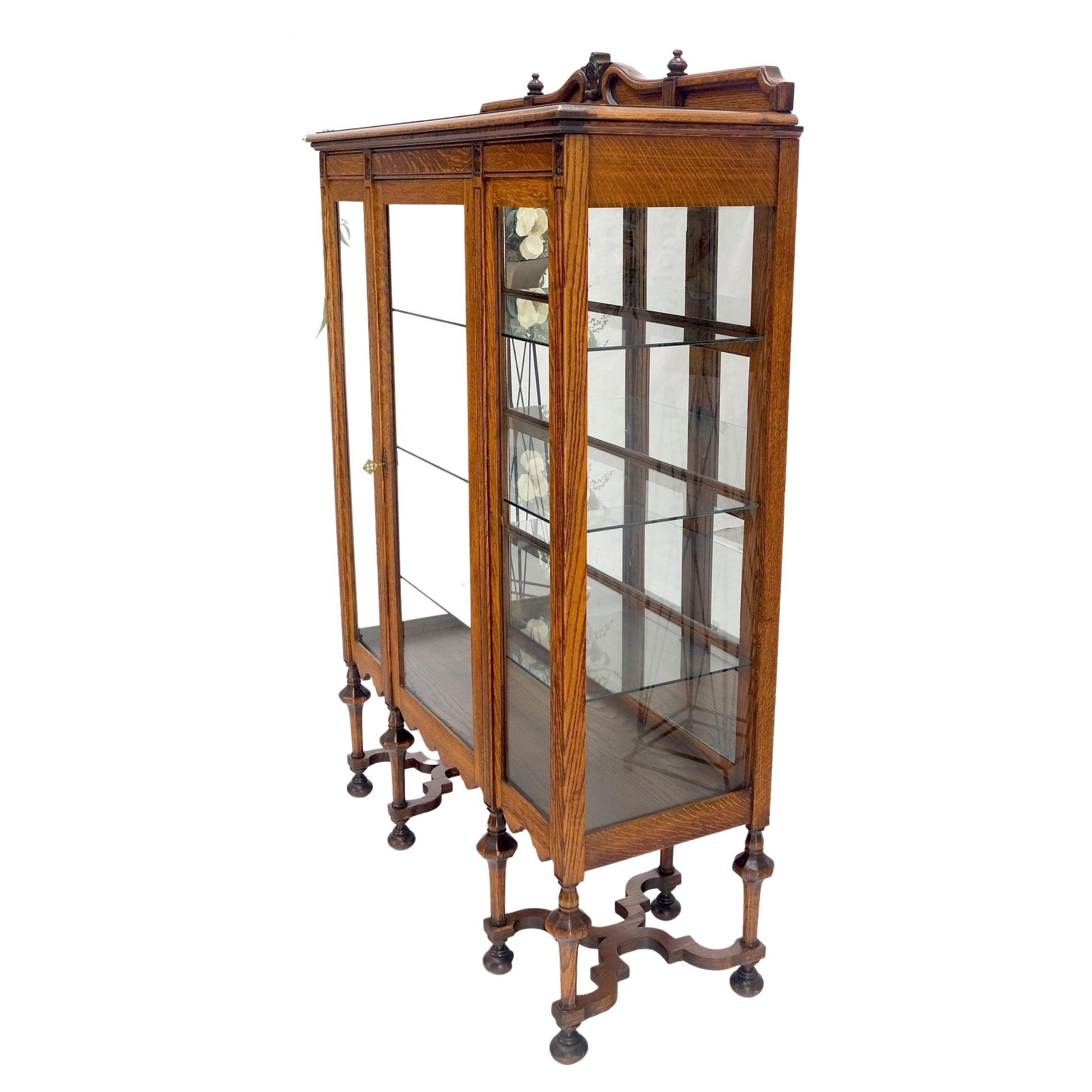 EstablishedLines Light Oak Ball Feet Glass Doors Shelves China Curio Display Cabinet Brass Key