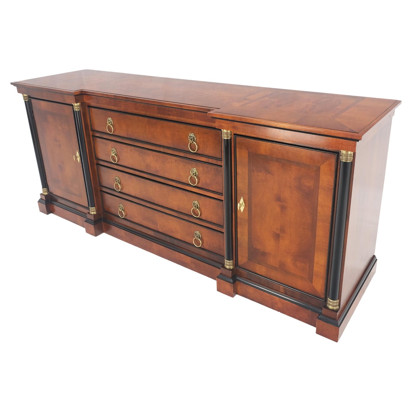 EstablishedLines Flame Mahogany Ebonized Columns Bronze Mount Brass Ring Pulls Hardware Sideboard