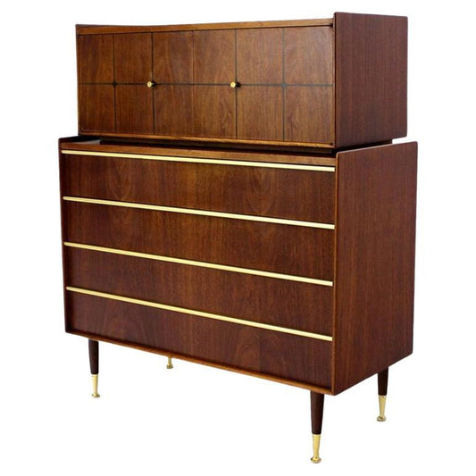 EstablishedLines Edmond Spence Walnut  Brass Two Part High Gentleman's Chest Dresser Cabinet MINT