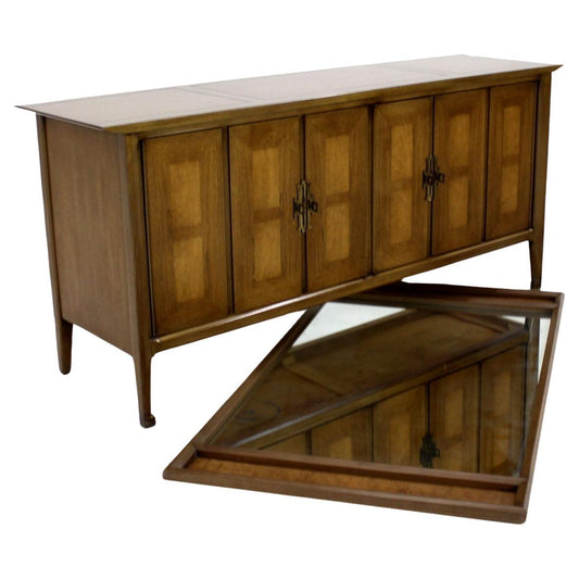 EstablishedLines Mid Century Modern Burlwood Long Credenza 6 Drawers Dresser Matching Mirror MINT