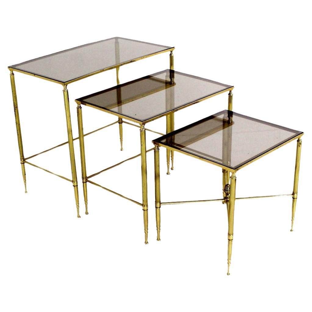 EstablishedLines Solid Brass Smoked Glass Set of Three Nesting Stacking Side Occasional Tables