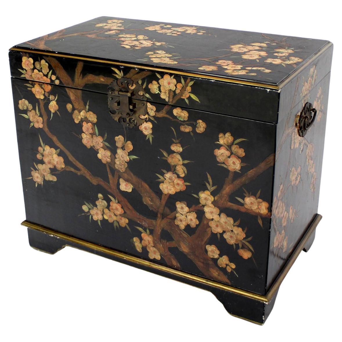 EstablishedLines Oriental Hand Painted Black Lacquer Bar Trunk Chest Electric Lift Shelf Inside